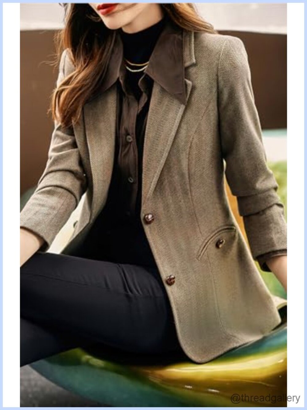 Wool Blend Herringbone Plaid Blazer Notch Lapel Single Breasted Business Casual - Picture 4 of 5